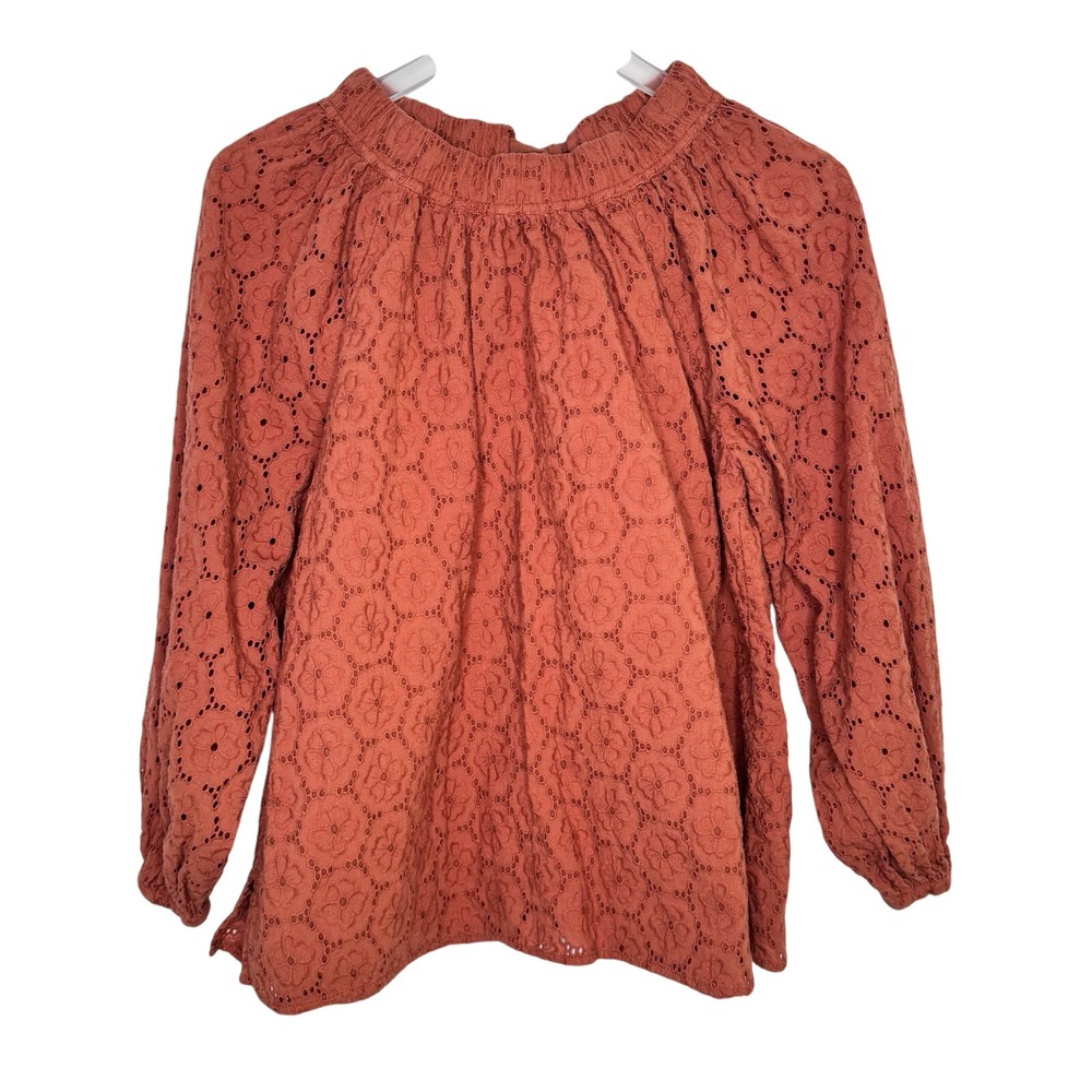 Roller Rabbit Womens Eyelet‎ Blouse Size M Terracotta Orange Cotton Embroidered